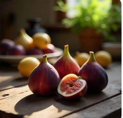 Tre fichi freschi, di cui uno tagliato a metà, giacciono su un tavolo rustico di legno con limoni e fogliame sfocati sullo sfondo, inondati dalla luce naturale del sole.