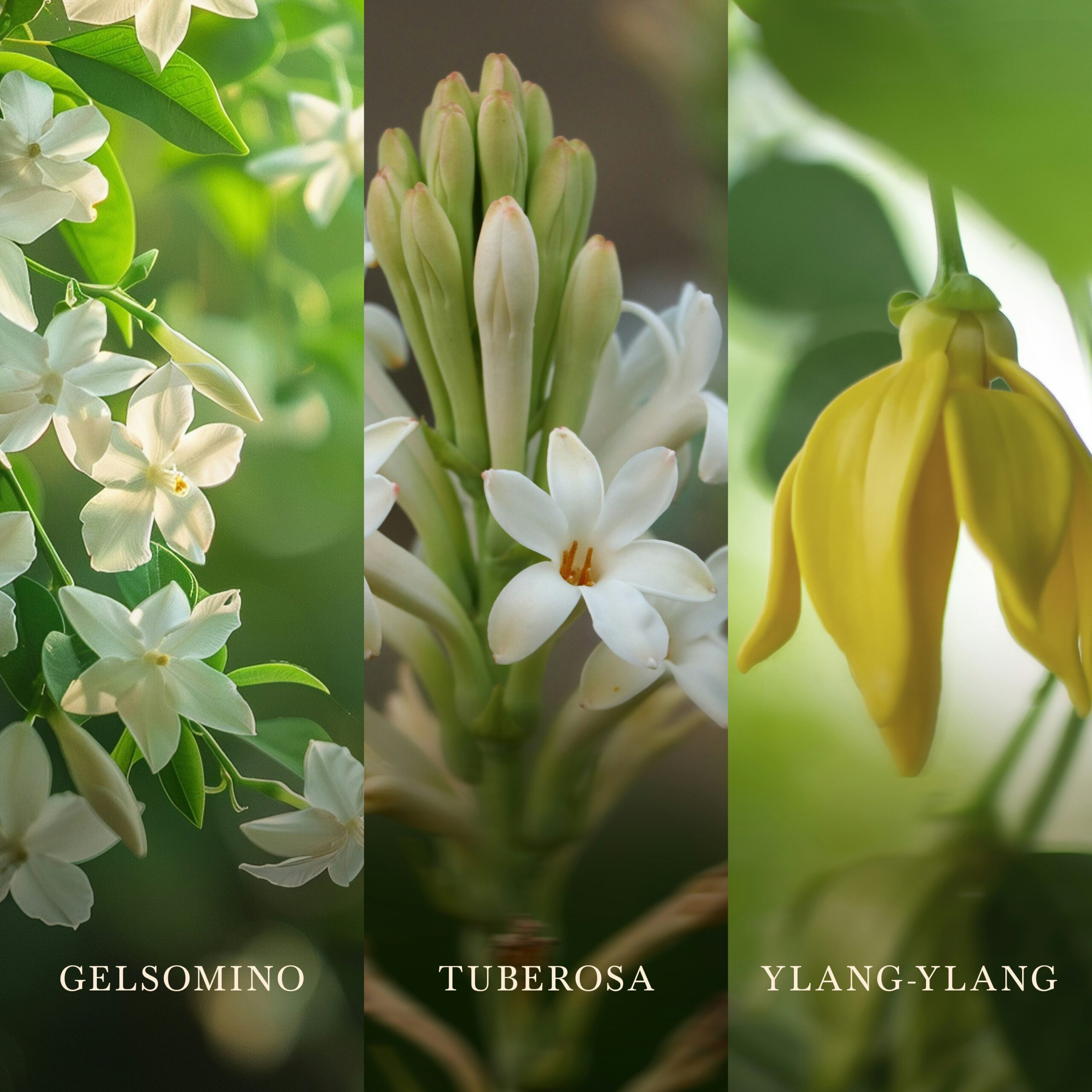 Solar Orchid – Candela Grande – WoodWick Giara Grande 4 Tre pannelli raffigurano un gelsomino bianco, delicati fiori bianchi di tuberosa e un fiore di ylang-ylang giallo dorato, ciascuno su uno sfondo verde tenue con il nome riportato sotto: un'elegante composizione ispirata alla raffinata essenza di Solar Orchid - Candela Grande - WoodWick.