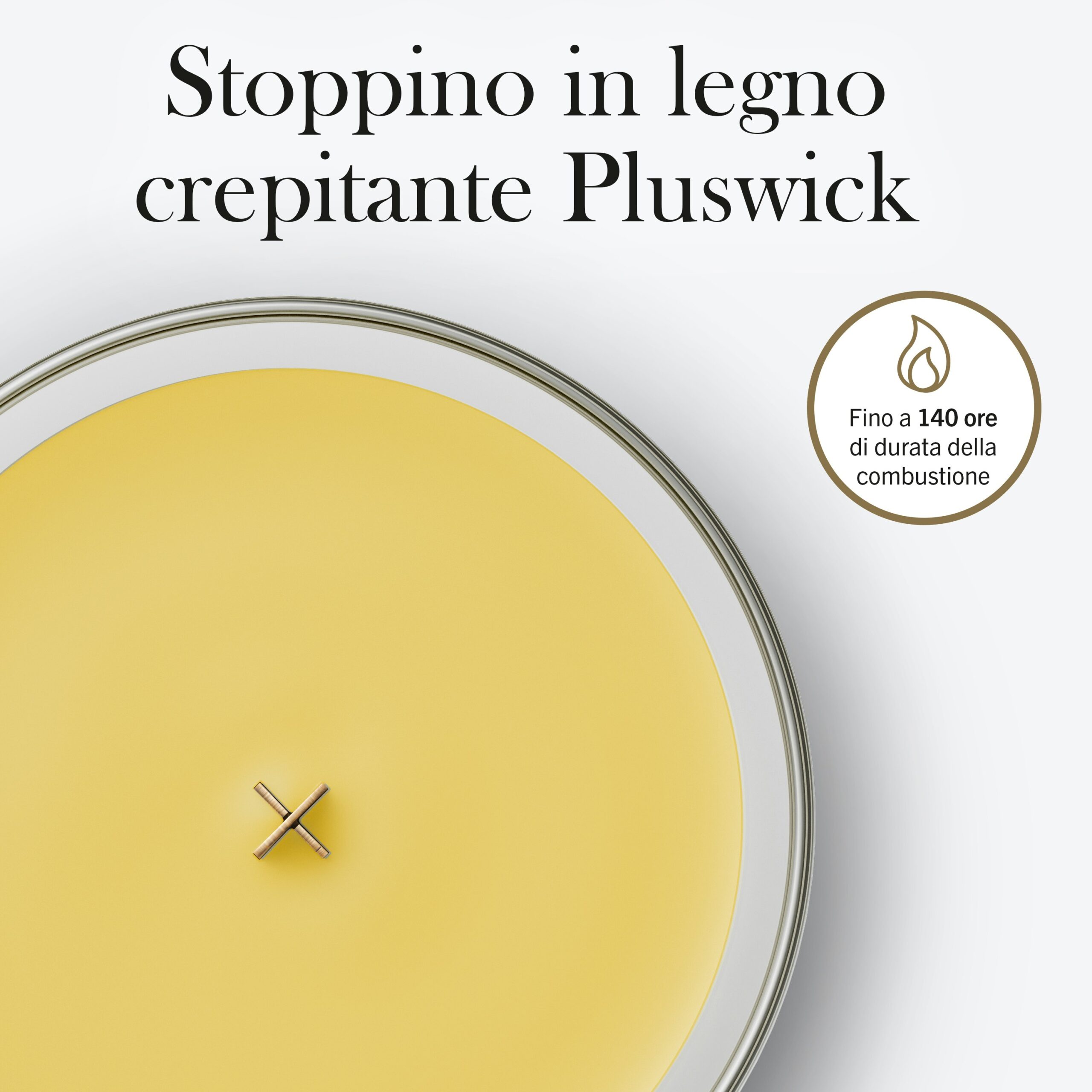 Solar Orchid – Candela Grande – WoodWick Giara Grande 3 Una candela Solar Orchid – Candela Grande – WoodWick di colore giallo, caratterizzata da uno stoppino in legno a forma di croce e contenuta in un recipiente di vetro. Il testo in italiano riportato sopra sottolinea l’effetto crepitante dello stoppino WoodWick e la sua durata di combustione di 140 ore. Un'icona raffigurante una goccia con la punta in fiamme trasmette l'aura calda di Solar Orchid.