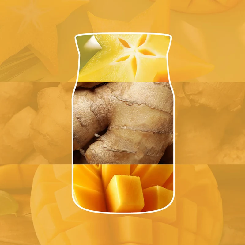 Starfruit And Sunshine – Candela Grande – Yankee Candle 350 Punti 3 Il profilo di un barattolo, che richiama l’iconica forma dei prodotti Yankee Candle, mette in risalto vivaci illustrazioni di carambola, radice di zenzero e cubetti di mango al suo interno; lo sfondo giallo sole si fonde abilmente con le immagini di questi stessi frutti, catturando alla perfezione l’essenza di “Starfruit And Sunshine - Candela Grande” di Yankee Candle.